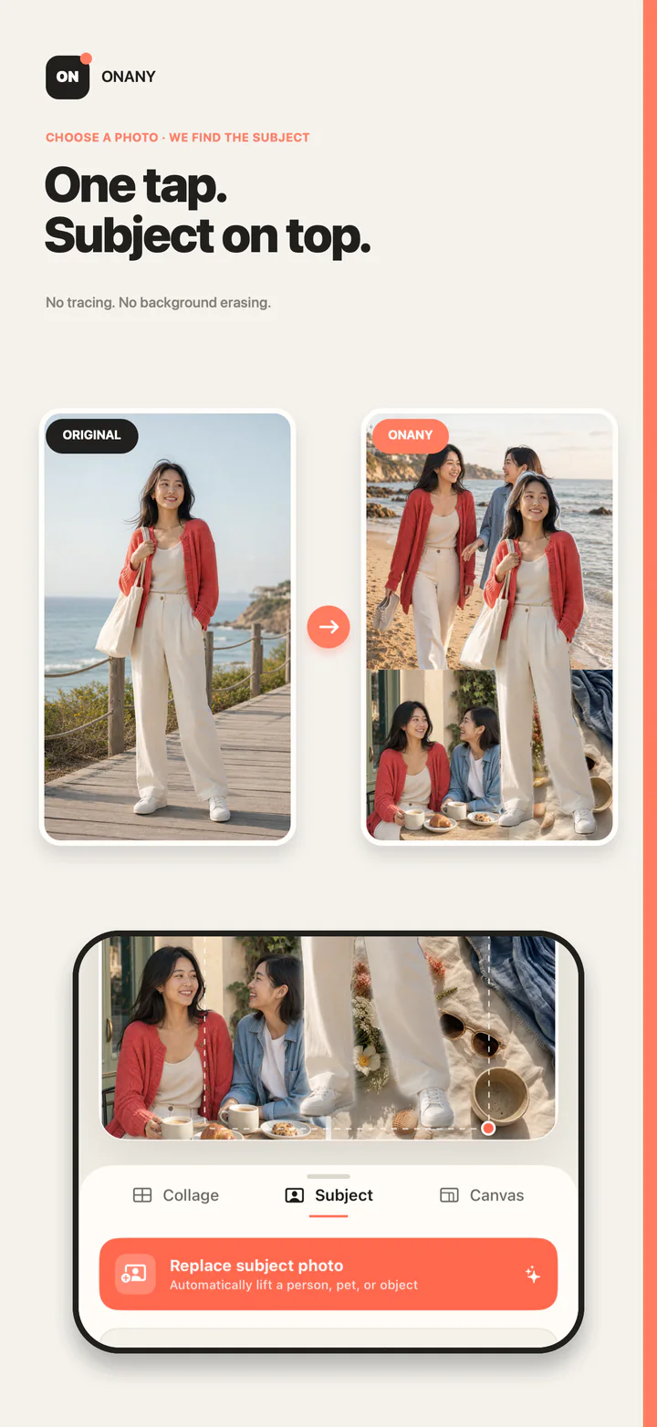 ONANY extracting a person from a source photo and placing the subject above a collage